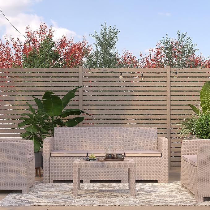 Merrick Lane Malmok Outdoor Furniture Patio Table - Light Gray Faux Rattan Wicker Pattern Coffee Table - All-Weather Use - Wood Plank Top Design