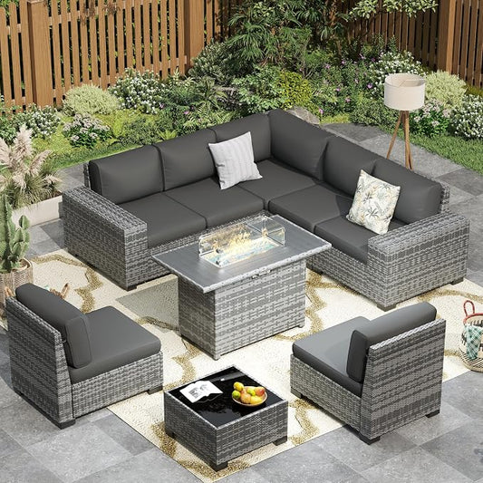 Patio Furniture with Fire Pit Table,8‘’ Wide armrest Outdoor Sectional Rattan Sofa Set, Wicker Patio Furniture Sets w/Coffee Table,Thick Cushions and Cover for Porch,Deck, 9PC (Grey&Grey)