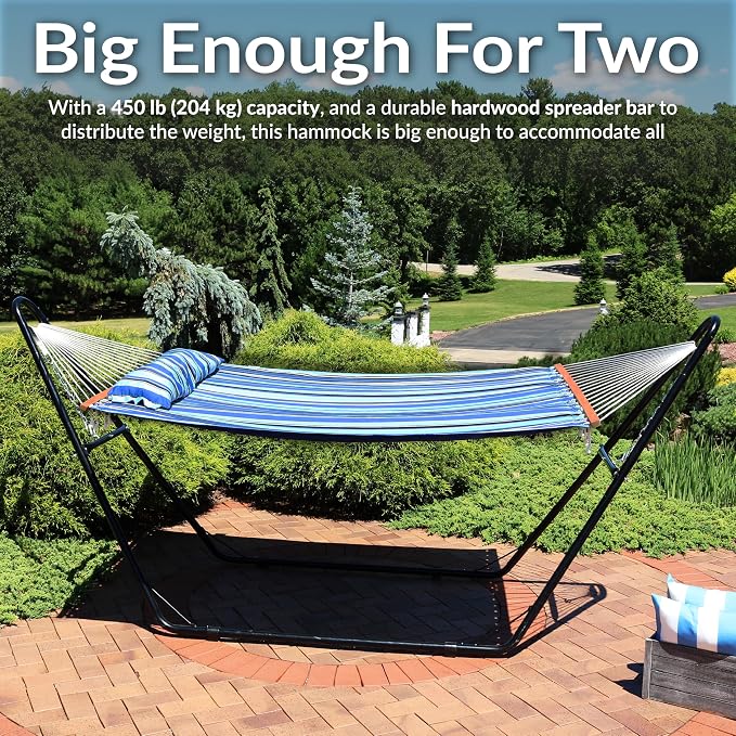 Sunnydaze Quilted Double Hammock with Stand for Outside - 440 lb Capacity Universal Black Steel Stand - UV Resistant, Quick Dry Fabric - Pillow, Chains, and Hardware Included - Misty Beach
