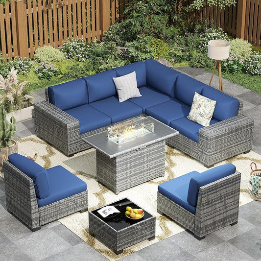 Patio Furniture with Fire Pit Table,8‘’ Wide armrest Outdoor Sectional Rattan Sofa Set, Wicker Patio Furniture Sets w/Coffee Table,Thick Cushions and Cover for Porch, Deck, 9 PC (Grey&Navy)