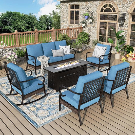 MIXPATIO Patio Furniture Set with Fire Pit Table, Metal Outdoor Conversation Set with 5.75'' Extra Thick Cushion, 2 Rocking Chairs, 2 Leg Chairs, 3-Seat Sofa and Gas Fire Pit Table, Navy Blue