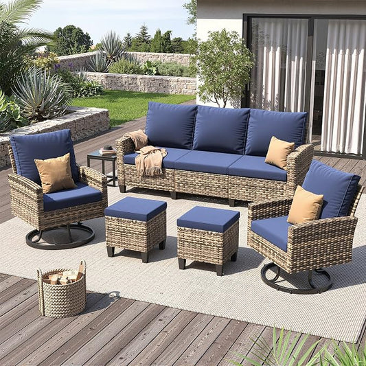 UDPATIO Patio Furniture Set, 6 Pieces Outdoor Conversation Sets with Swivel Chairs, All-Weather Wicker Rattan Patio Sofa with Ottomans and Glass Side Table for Backyard, Deck, Porch, Navy/Yellow