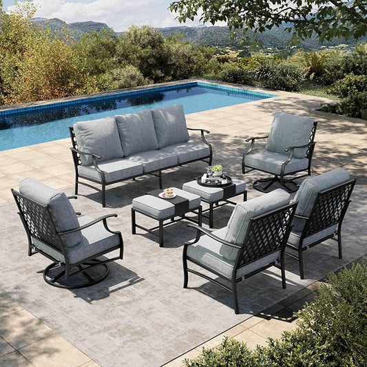 HERA'S HOUSE 7 Piece Beige Patio Furniture Set, with Swivel Chair, Ottoman, Table, Outdoor Sofa,Patio Couch, All Weather Outdoor Conversation Sets for Lawn Garden Backyard