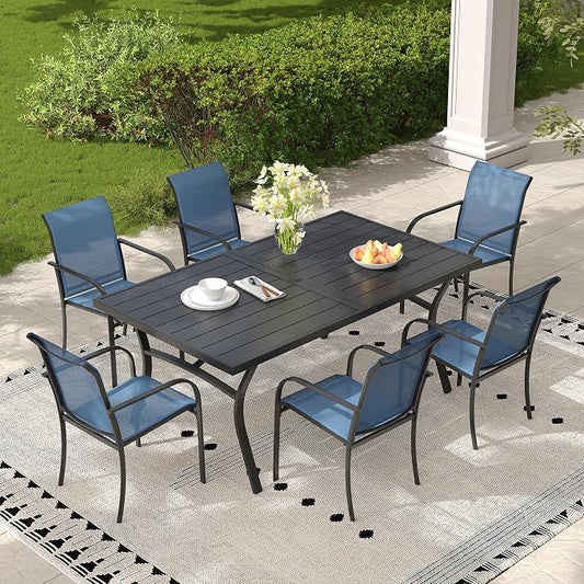 Patio Table and Chairs Set for 6, Outdoor Dining Set with 6 Stackable Dining Chairs and 63.1" x 28" Rectangle Patio Metal Table for Backyard, Deck, Lawn, Garden, Dark Blue & Black