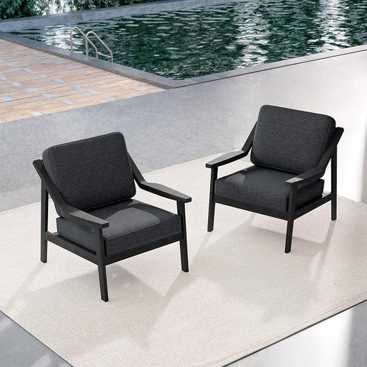 Outdoor Patio Furniture Set, 2 Piece Outdoor Patio Sofa Armchairs with Washable Thick Cushions, All-Weather Solid Wood Patio Bistro Set for Porch, Balcony, Black Frame & Dark Gray Cushion
