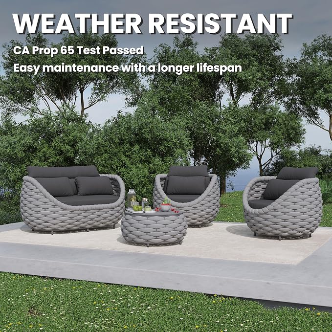 Short Round Patio Coffee Table: Hand Woven Rope Side Tables Assembled - Aluminum Outdoor Accent Table Modern - Metal Porch Furniture for 176lbs Deck Garden Pool Balcony Hotel, φ25.6''/65cm, Gray