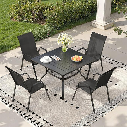 5 Pieces Outdoor Dining Set, 37.8" Square Table with Umbrella Hole & Stackable Patio Dining Chairs, Patio Table and Chairs Set for Deck Garden Porch, Black Chairs & Black Table