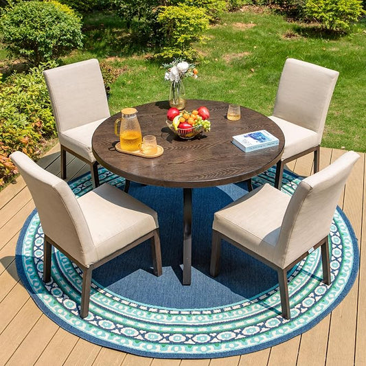 HERA'S HOUSE 5-Piece Patio Dining Set, 4 Metal Cushioned Chairs, Beige | 44" round wood-look metal table, Umbrella hole, E-coated and powder-coated steel frame, All-weather design