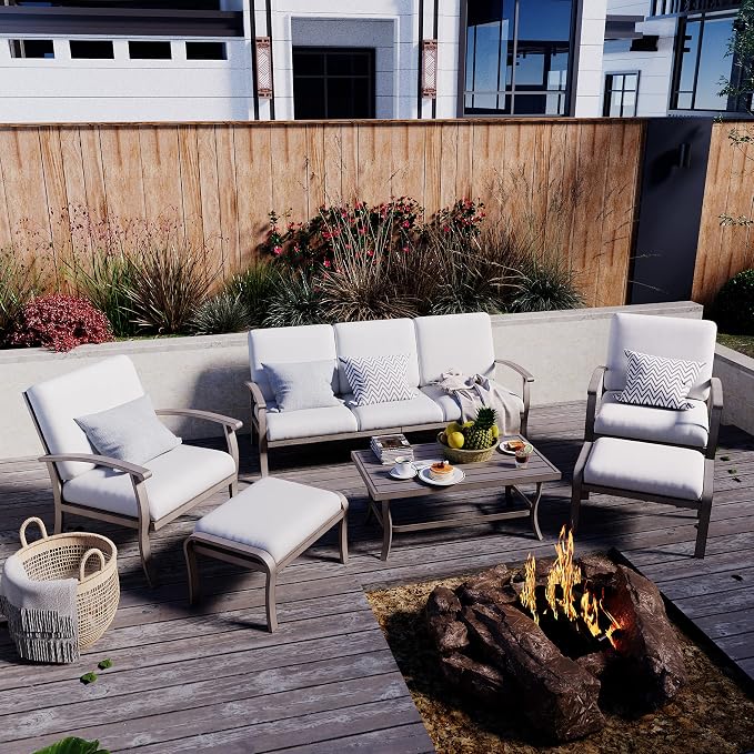 HAPPATIO 6 Piece Aluminum Patio Furniture Set, 3-Seat Outdoor Couch with Ottomans and Armchairs, All-Weather Outdoor Sectional Sofa with Comfortable Cushions and Coffee Table(Gray)