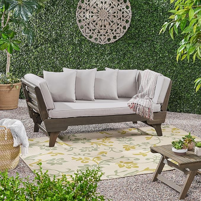 Merax Outdoor Patio Daybed Sofa,3-Seat Sofa with Foldable Arm 4 Back Pillows,Teak Acacia Wood Frame Beige Removable Cushion,Grey