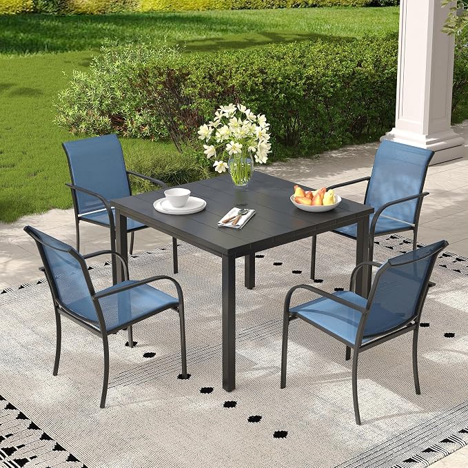 Patio Table and Chairs Set for 4, Outdoor Dining Set with 4 Stackable Dining Chairs and 40.2" x 40.2" Patio Square Dining Table for Backyard, Deck, Lawn, Garden, Dark Blue & Black