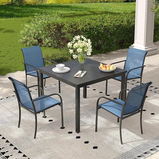 Patio Table and Chairs Set for 4, Outdoor Dining Set with 4 Stackable Dining Chairs and 40.2" x 40.2" Patio Square Dining Table for Backyard, Deck, Lawn, Garden, Dark Blue & Black
