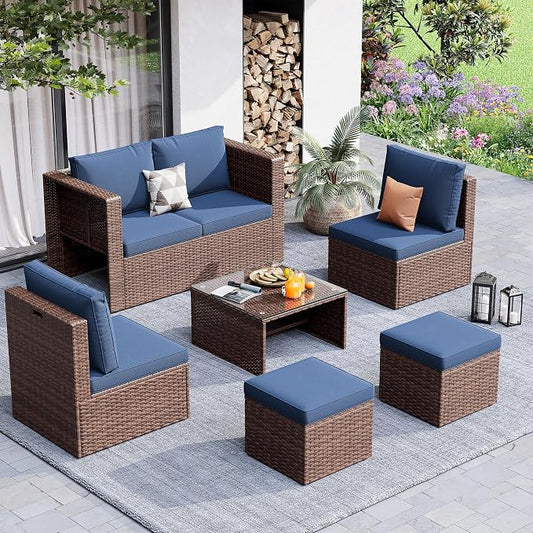 Amopatio Patio Furniture Set, Space-Saving Nestable All-Weather Wicker Outdoor Conversation Sofa Set with Glass Coffee Table, Cushions & Ottomans for Deck Backyard Porch Lawn Navy Blue