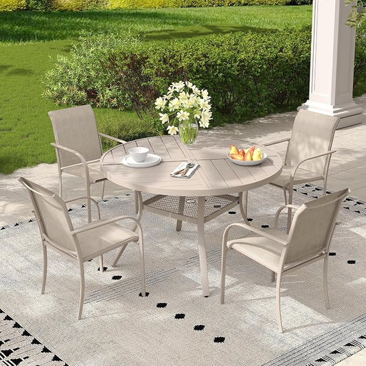 5 Pieces Outdoor Dining Set, Stackable Textilene Paito Chairs & 40.5" Round Dining Table with Umbrella Hole and Shelf, Patio Dining Set for Backyard, Deck, Garden, Sandshell