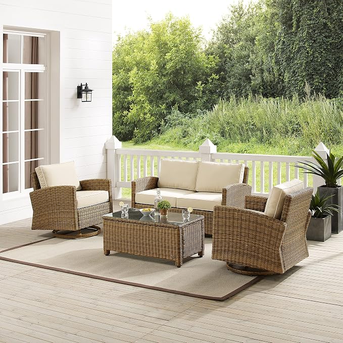 Crosley Furniture Bradenton 4-Piece Wicker Outdoor Loveseat and Swivel Rocker Patio Furniture Set for Porch, Brown with Sand Cushions