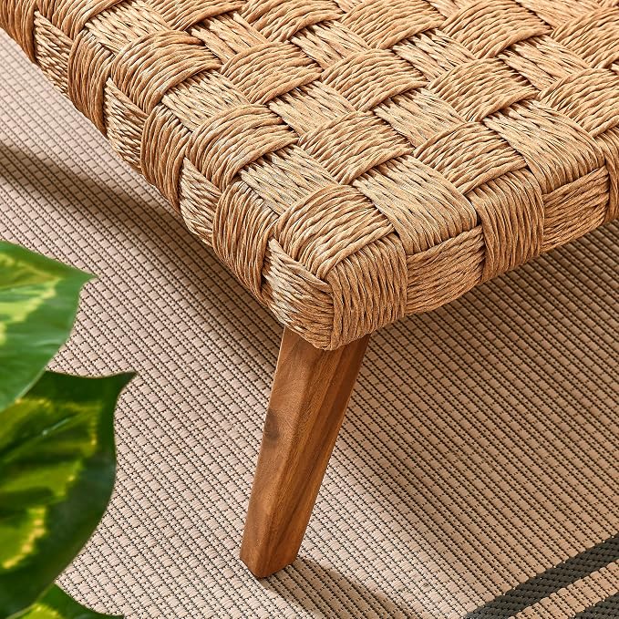 Modway Thames Wicker Rattan Outdoor Coffee Table in Natural - Low-Profile Rectangle Patio Table - Weather Resistant Outdoor Wicker Coffee Table with Acacia Wood Legs for Deck, Pool, Balcony, Garden