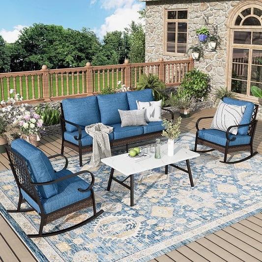 MIXPATIO Patio Furniture Set with Coffee Table, Outdoor Conversation Set with 2 x Rocking Chairs, 1 x 3-Seat Sofa for Lawn Garden Backyard, Pacific Blue