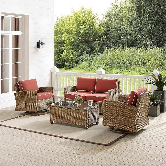 Crosley Furniture Bradenton 4-Piece Wicker Outdoor Loveseat and Swivel Rocker Patio Furniture Set for Porch, Brown with Sangria Cushions