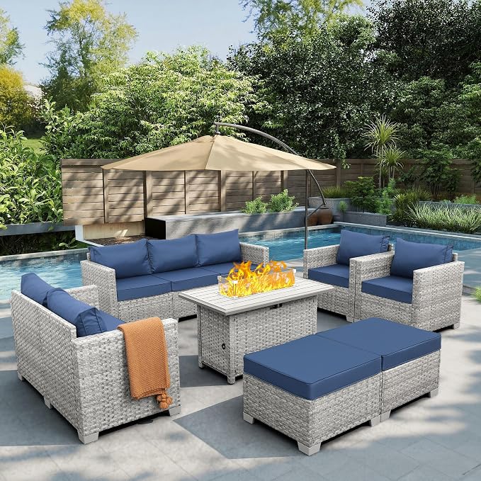 WAROOM Patio Furniture Set 7 Piece Grey Wicker Outdoor Conversation Sets PE Rattan Sectional Sofa with Propane Fire Pit Table and Anti-Slip Navy Blue Cushion