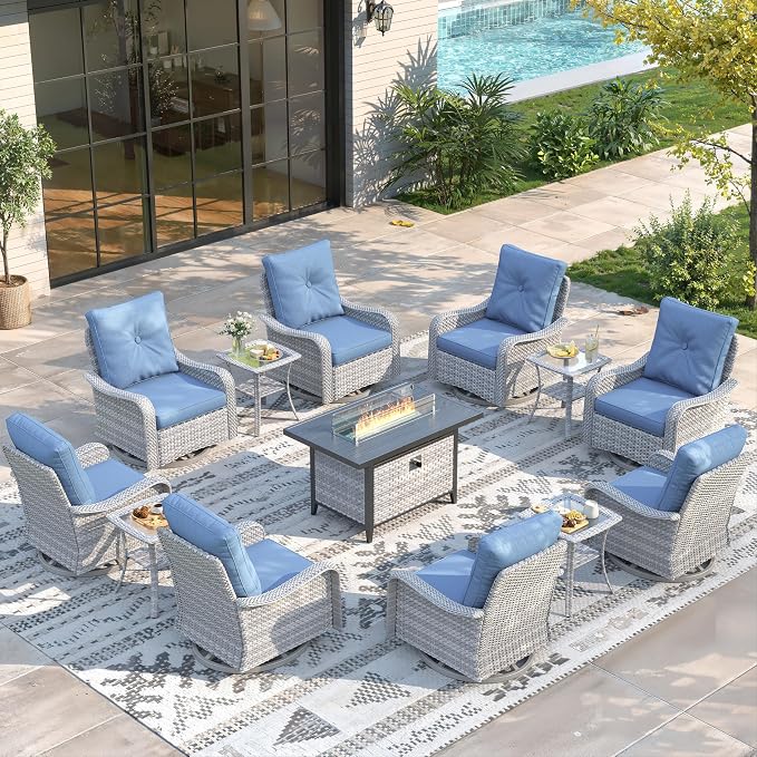 13 Piece Wicker Patio Furniture Set with 55,000 BTU Fire Pit Table, Swivel Rocking Chairs, 4''Cushions, PE Rattan, Wind Guard Glass, for Backyard, Deck or Balcony, Navy