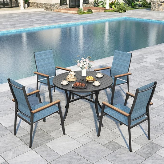 Sophia & William Round Patio Dining Set for 4 with Aluminum Chairs, Blue | Metal table, Stackable sling chairs, Breathable & quick-drying, Light-weight & space-saving, Umbrella Hole, Outdoor, 5 piece