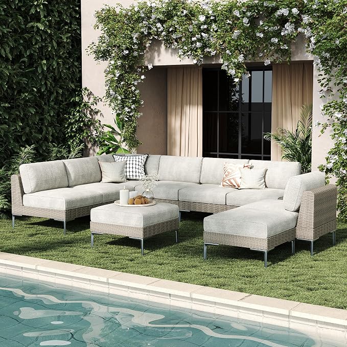 LayinSun 9-Piece Wicker Rattan Patio Furniture Set, Deep Seating Outdoor Modular Sectional Sofa Conversation Set with Thick Cushions for Lawn, Garden
