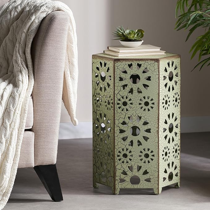Merax Iron Patio Side Table with Sunburst Cut Out Design 14"x22" Outdoor End Table Hexahedron Accent Table (Green)