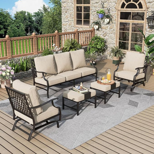 MIXPATIO Patio Furniture Set 5 pcs, Outdoor Patio Furniture Set, 3-Seat Sofa, 2 Rocking Chairs, 2 Ottomans and 5.75" Extra Thick Cushion, Patio Conversation Set for Backyard Deck,Beige
