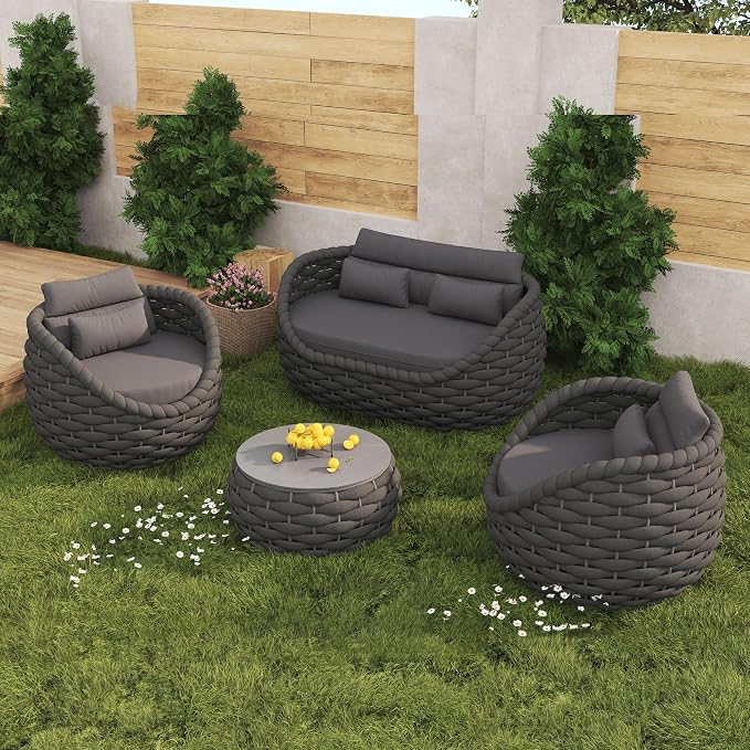 Patio Wicker Conversation Set 4Pcs Dark Grey Rattan Outdoor Sofa Set with Loveseat, 2 Single Chairs & Coffee Table, Weather Resistant Indoor Outdoor Sectional for Backyard Garden Poolside