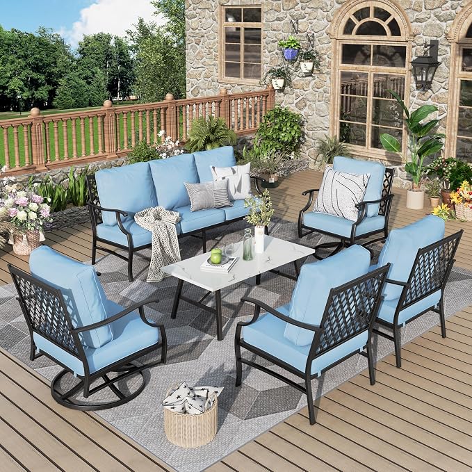 MIXPATIO Patio Furniture Set 6 pcs, Outdoor Patio Furniture, 1 X 3-Seat Sofa, 2 X Single Chairs, 2 X Swivel Chairs, 1 X Coffee Table and 5.75" Extra Thick Cushion, Patio Conversation Set,Blue