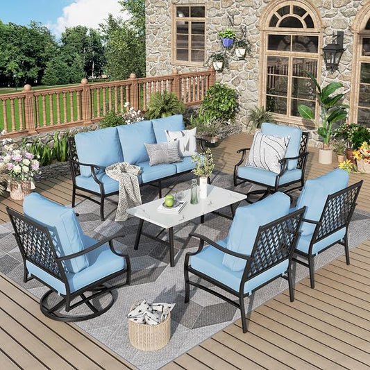 MIXPATIO Patio Furniture Set 6 pcs, Outdoor Patio Furniture, 1 X 3-Seat Sofa, 2 X Single Chairs, 2 X Swivel Chairs, 1 X Coffee Table and 5.75" Extra Thick Cushion, Patio Conversation Set,Blue
