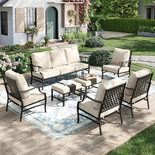 MIXPATIO Patio Furniture Set 7 pcs, Outdoor Patio Furniture, 3-Seat Sofa, 4 Single Chairs, 2 Ottomans and 5.75" Extra Thick Cushion, Patio Conversation Set for Garden Backyard Deck,Beige