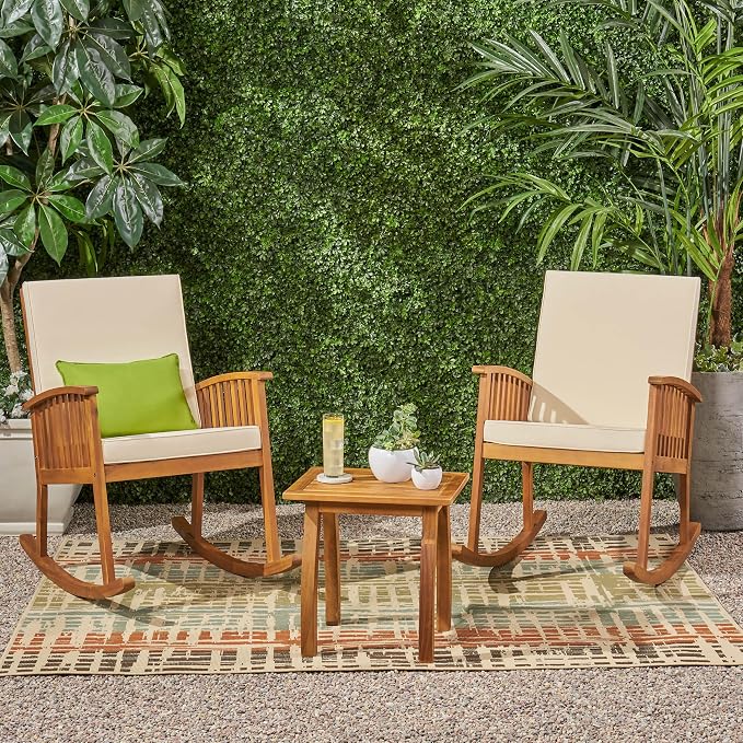 Christopher Knight Home Alabelle Outdoor Acacia Wood 2 Seater Rocking Chair Bistro Set with Side Table, 24.75 "W x 38.25 "D x 37.25 "H, Brown + Teak + Cream