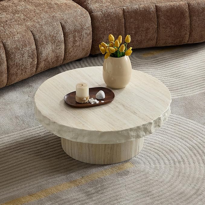 31.69" Travertine Coffee Table Round Faux Stone Coffee Table for Living Room, Modern Faux Marble Pattern Top with Wooden Pedestal Unique Center Tables, Magnesium Oxide, No Assembly,Beige