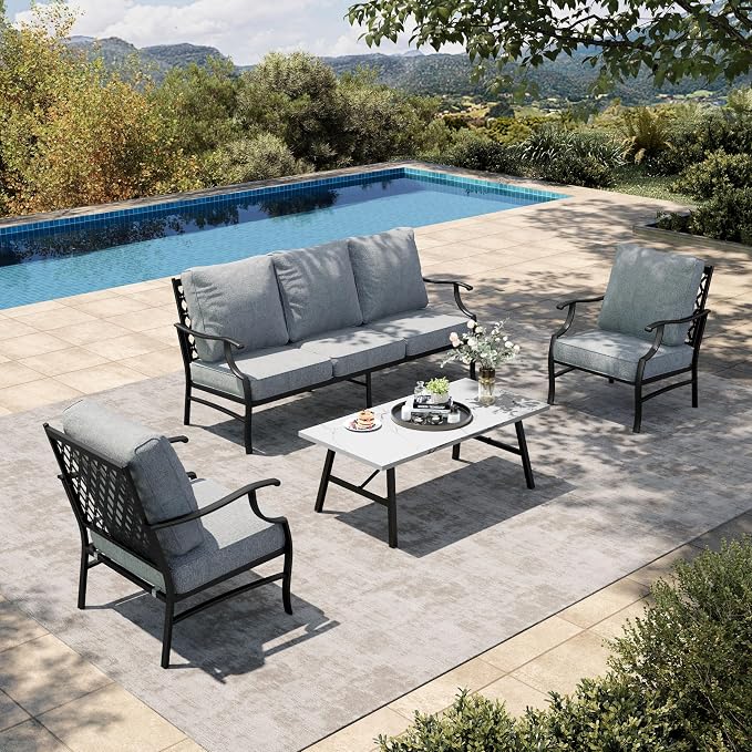 HERA'S HOUSE 4 Piece Patio Furniture Set, 2 x Metal Frame Cushioned Chair, 3-Seat Sofa with Marbling Coffee Table, All Weahter Outdoor Conversation Set for Lawn Garden Backyard, Grey