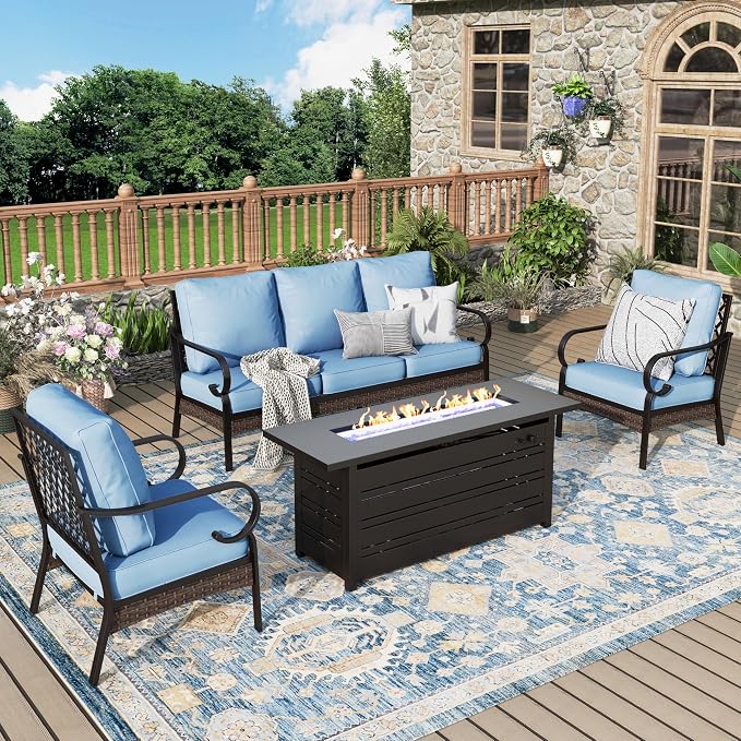 MIXPATIO Patio Furniture Set with Firepit Table, Black Frame Outdoor Conversation Set with 2 x Fixed Chairs, 1 x 3-Seat Sofa for Lawn Garden Backyard, Blue