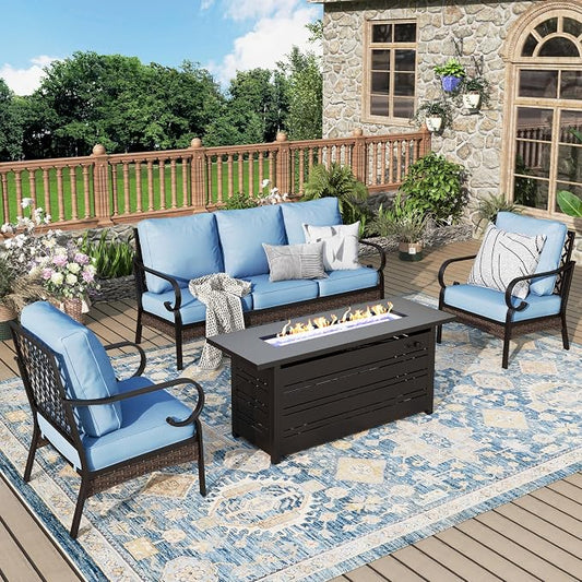 MIXPATIO Patio Furniture Set with Firepit Table, Black Frame Outdoor Conversation Set with 2 x Fixed Chairs, 1 x 3-Seat Sofa for Lawn Garden Backyard, Blue