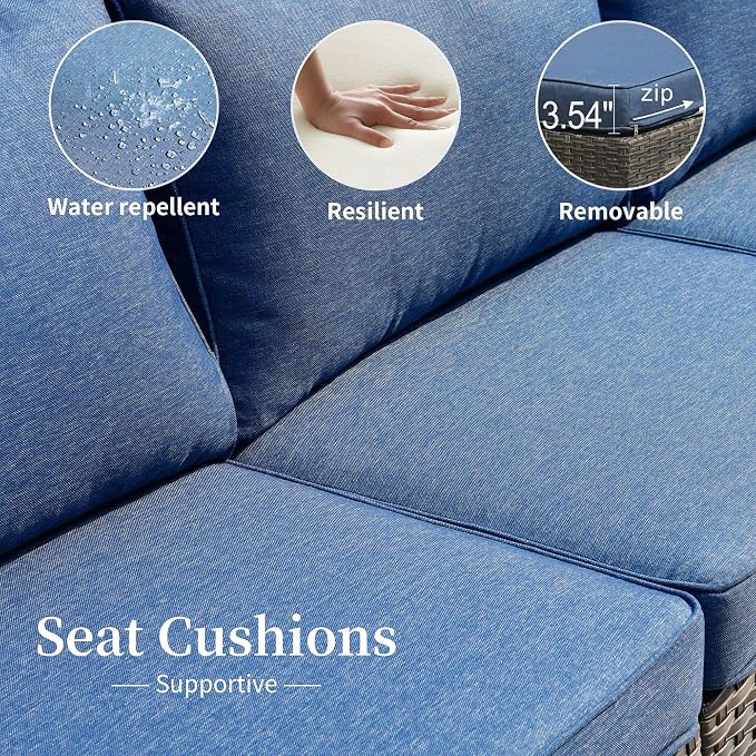 HOOOWOOO 11 Piece Patio Sectional Furniture Set with Fire Pit Table,Modern Wicker Outdoor Conversation Sofa Sets,Weather Resistant Modular L Shaped Outside Couch Swivel Chair Set(Denime Blue)