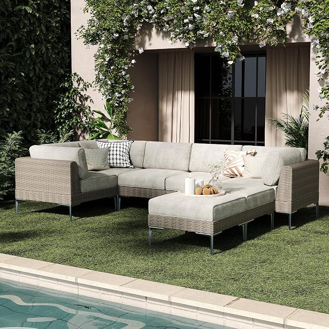 LayinSun 7-Piece Wicker Rattan Patio Furniture Set, Deep Seating Outdoor Modular Sectional Sofa Conversation Set with Thick Cushions for Lawn, Garden