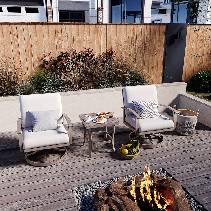 HAPPATIO Aluminum Outdoor Conversation Set - 3 Piece Swivel Rocker Patio Chairs with Thick Cushions and Side Table, Patio Furniture Set for Backyard Porch Balcony Front Porch (Gray)