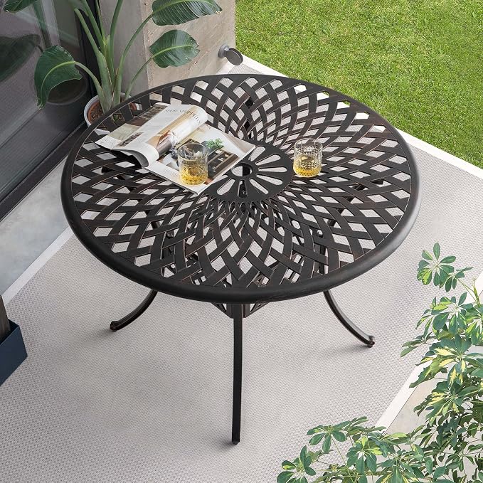 NUU GARDEN 42 Inch Outdoor Round Dining Table Cast Aluminum Tabletop with 2.24 Inch Umbrella Hole Patio Garden Backyard Balcony, Black with Gold-Painted Edges