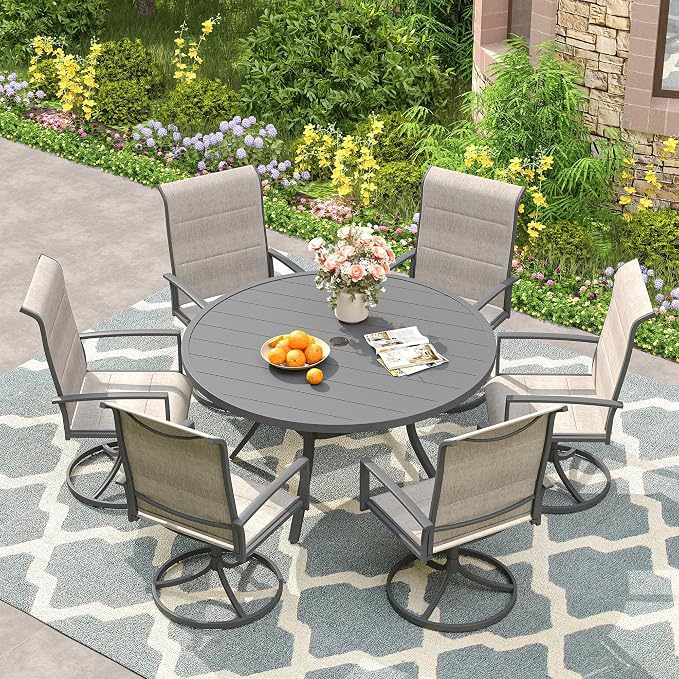 VICLLAX Round Patio Dining Table for 4-6, Outdoor Metal Dining Table with Umbrella Hole for Deck Lawn Garden Backyard, 47.2" Dark Grey