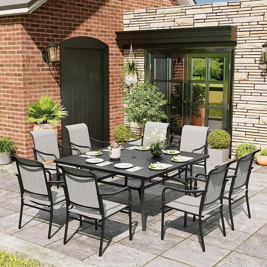 MIXPATIO 9pc Patio Dining Set for 8, Outdoor Metal Table & Grey Chairs | Textilene chairs +57.5" square table with umbrella hole. Waterproof, stain-resistant & wipe-clean. Ideal for backyard, porch