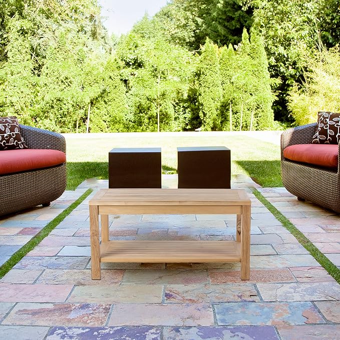 Teak Wood Side Table with Storage, Indoor and Outdoor Wooden Furniture for Deck, Porch, Balcony, Living Room, Bedroom and Backyard (36" D x 18" W x 16" H)