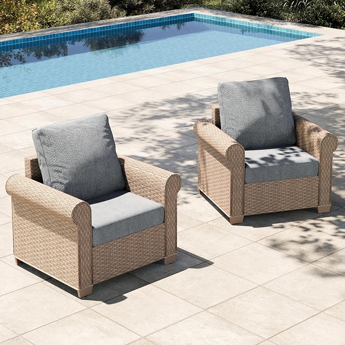 HERA'S HOUSE Patio Furniture Set, 4 x Cushioned Chairs, 3-Seat Sofa with Wood Grain Coffee Table, 5 Seats Luxury Windsor Style All Weahter Outdoor Sofa Conversation Set for Deck Lawn Backyard