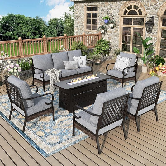 MIXPATIO Patio Furniture Set with Firepit Table, Black Frame Outdoor Conversation Set with 4 x Fixed Chairs, 1 x 3-Seat Sofa for Lawn Garden Backyard, Grey