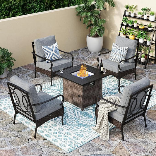 PHI VILLA Patio Furniture Set with 32" Fire Pit Table,Patio Conversation Sets 4 Fixed Chairs with Thick Cushion and 50000 BTU Fire Pit Table (5 Pieces,Grey