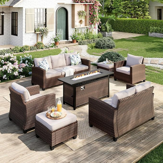 MIXPATIO Patio Furniture Set, 7 Pcs Wicker Outdoor Conversation Set, 2 x Leg Chairs, 1 x 3 Seater Sofa, 1 x 2-Seat Lover Sofa and 2 x Ottomans with 4" Thick Cushion and 56" Fire Pit Table, Beige