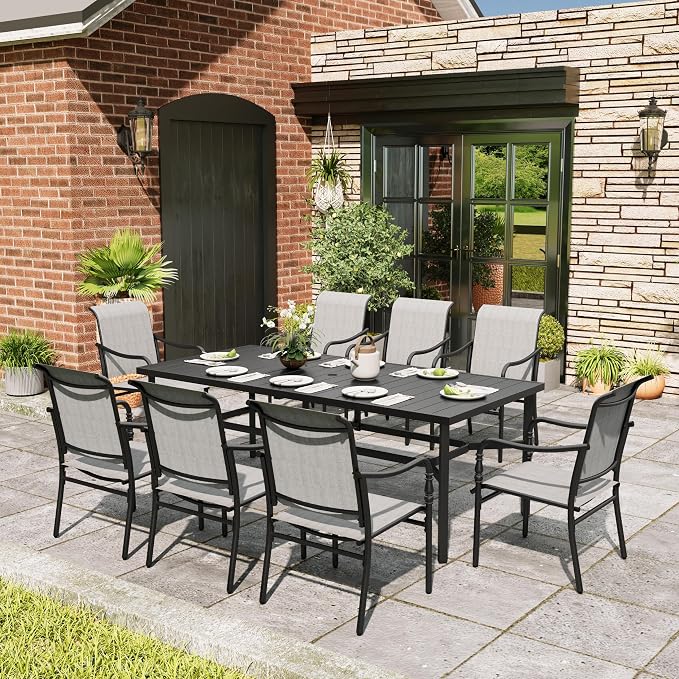 MIXPATIO Patio Table and Chairs Set, 9 Pieces Patio Dining Set with 8 Textilene Chairs, and 83" Rectangular Outdoor Dining Table with Umbrella Hole for Garden Lawn Porch and Backyard Poolside, Grey