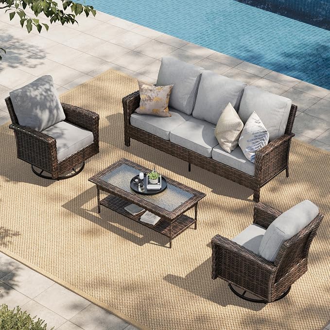 HERA'S HOUSE Gray Patio Furniture Set with High Back Swivel Chairs, Comfy Outdoor Wicker Conversation Sofa Sets with 5.5" Waterproof Cushions for Deck Lawn Backyard